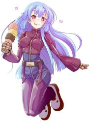 Rule 34 | 1girl, belt, blue hair, blush, chaps, cropped jacket, food, full-length zipper, gloves, heart, heart-shaped pupils, ice cream, ice cream cone, jumping, kula diamond, licking lips, long hair, poncocchan, red eyes, solo, symbol-shaped pupils, the king of fighters, tongue, tongue out, zipper
