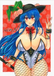 1girl adapted_costume between_breasts black_hat blue_hair blush bow bowtie breasts cleavage closed_mouth commentary cowboy_shot fishnet_thighhighs fishnets hair_between_eyes hat highres hinanawi_tenshi huge_breasts leotard long_hair looking_at_viewer peach_hat_ornament red_background red_bow red_bowtie red_eyes sample_watermark smile solo thighhighs touhou w washiwa watermark white_leotard