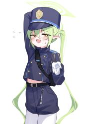 Rule 34 | 1girl,  conductor (blue archive), absurdres, arm up, arsyky14, bag, belt, black bag, black belt, black hat, black jacket, black shorts, blue archive, blush, buttons, cowboy shot, ear blush, fang, flying sweatdrops, gloves, green hair, green halo, hair between eyes, halo, hat, highlander twintails conductor (blue archive), highres, jacket, long hair, looking at viewer, midriff peek, no nose, open mouth, orange pupils, outstretched hand, pantyhose, peaked cap, pointy ears, shorts, shoulder bag, skin fang, solo, sweat, twintails, very long hair, white background, white gloves, white pantyhose, yellow eyes