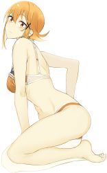 Rule 34 | 1girl, bare arms, bare legs, bare shoulders, barefoot, bra, breasts, chisa (doko tetora), closed mouth, commentary request, doko tetora, from side, full body, hair ornament, hairclip, highres, kneeling, looking at viewer, looking to the side, medium breasts, orange bra, orange eyes, orange panties, original, panties, simple background, solo, underwear, white background, wide-eyed, x hair ornament
