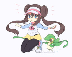 Rule 34 | 1girl, :o, artist name, black pantyhose, blue eyes, blush, bow, breasts, brown hair, cocoloco, commentary request, creatures (company), double bun, eyelashes, game freak, gen 5 pokemon, hair between eyes, hair bun, kneeling, long hair, nintendo, open mouth, outstretched arms, pantyhose, pantyhose under shorts, pink bow, pokemon, pokemon (creature), pokemon bw2, raglan sleeves, rosa (pokemon), shirt, short shorts, shorts, simple background, snivy, twintails, two-tone headwear, v-shaped eyebrows, very long hair, visor cap, white background, yellow shorts