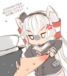 Rule 34 | 10s, 1boy, 1girl, absurdres, admiral (kancolle), amatsukaze (kancolle), anger vein, angry, bad id, bad pixiv id, cheek pull, dress, greenteaneko, hat, highres, kantai collection, long hair, sailor dress, short dress, silver hair, sweatdrop, translated, twintails, two side up