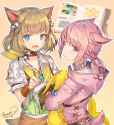 Rule 34 | 10s, 2016, 2girls, :&lt;, animal ears, bell, belt, blonde hair, blue eyes, book, bracer, braid, carbuncle (final fantasy), cat ears, child, collar, dated, fang, final fantasy, final fantasy xiv, hair bell, hair ornament, holding, hood, jewelry, khloe aliapoh, looking at viewer, miqo&#039;te, momoko (momopoco), multiple girls, necklace, open book, open mouth, pen, pink eyes, pink hair, signature, slit pupils, t&#039;kebbe, tail, yellow background
