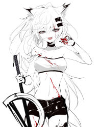 Rule 34 | 1girl, :d, animal ears, arknights, artist name, bandeau, bare arms, bare shoulders, blood, blood on hands, breasts, choker, cleavage, cowboy shot, grey eyes, hair between eyes, hair ornament, hairclip, hand up, highres, holding, holding sword, holding weapon, lappland (arknights), limited palette, long hair, looking at viewer, material growth, medium breasts, midriff, navel, open mouth, oripathy lesion (arknights), reverse grip, scar, scar across eye, scar on face, sheya, short shorts, shorts, signature, simple background, smile, solo, spot color, standing, stomach, strapless, sword, tube top, weapon, white background, wolf ears