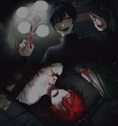 Rule 34 | 2boys, black hair, black sweater, blood, blood on clothes, blood on face, closed eyes, frown, haebu, highres, holding, holding knife, holding scalpel, holding scissors, knife, lying, maeno aki, male focus, multiple boys, on back, open mouth, paper, red eyes, red hair, scissors, short hair, smile, spoilers, sweater, torture, tsugino haru, turtleneck, zeno (game)