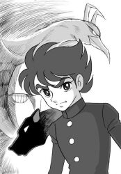 1970s_(style) 1boy babel_ii bird black_panther buttons gakuran kamiya_kouichi long_sleeves male_focus monochrome oldschool panther poseidon_(babel_ii) retro_artstyle rodem_(babel_ii) school_uniform serious shijou_yukimasa short_hair upper_body