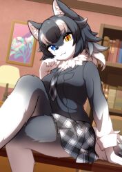 Rule 34 | 1girl, animal ear fluff, animal ears, animal nose, black hair, blue eyes, body fur, book, bookshelf, breast pocket, breasts, closed mouth, crossed legs, desk, dutch angle, ev (kemomimizuku), fang, fang out, feet out of frame, fingernails, fur collar, furrification, furry, furry female, gradient hair, gradient sleeves, grey fur, grey hair, grey wolf (kemono friends), hand rest, hand to own mouth, hand up, head tilt, heterochromia, highres, indoors, jacket, kemono friends, large breasts, long hair, long sleeves, miniskirt, multicolored hair, necktie, on desk, outstretched arm, plaid, plaid necktie, plaid skirt, pocket, sitting, skirt, smile, snout, solo, tail, taut clothes, two-tone fur, white fur, white hair, wolf ears, wolf girl, wolf tail, yellow eyes