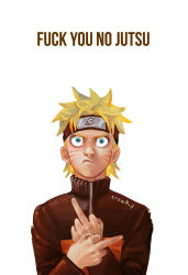 Rule 34 | &gt;:(, 1boy, artist name, blonde hair, blue eyes, double middle finger, english text, facial mark, frown, headband, highres, jacket, male focus, messy hair, middle finger, naruto, naruto (series), ninja, profanity, scar, simple background, solo, spiked hair, thecrowkid, turtleneck, uniform, upper body, uzumaki naruto, v-shaped eyebrows, whisker markings, whiskers, white background