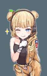 Rule 34 | 1girl, astronaut, belt, black shirt, blonde hair, blue eyes, blush, blush stickers, bodysuit, bow, breasts, brown bow, closed mouth, double bun, gloves, hair bow, hair bun, hair ornament, headphones, hololive, hololive english, looking at viewer, medium breasts, navel, official alternate costume, official alternate hairstyle, one eye closed, pixel art, shirt, short hair, simple background, smile, solo, spacesuit, sparkle, strapless, tongue, tongue out, tube top, virtual youtuber, watson amelia, watson amelia (astronaut), white gloves, yellow bodysuit, zipper, zou eita