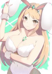 Rule 34 | 1girl, animal ears, arm up, blonde hair, blush, breast hold, breasts, chromatic aberration, cleavage, fake animal ears, fluffy, gem, green background, hair ornament, headpiece, highres, jewelry, johnny funamushi, large breasts, leotard, long hair, looking at viewer, mythra (xenoblade), nervous, nintendo, pantyhose, playboy bunny, rabbit ears, shy, simple background, solo, swept bangs, tiara, tsundere, very long hair, white background, xenoblade chronicles (series), xenoblade chronicles 2, yellow eyes