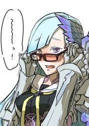 Rule 34 | armor, blue hair, blush, breasts, brynhildr (fate), fate/prototype, fate/prototype: fragments of blue and silver, fate (series), gauntlets, glasses, headgear, highres, long hair, open mouth, purple eyes