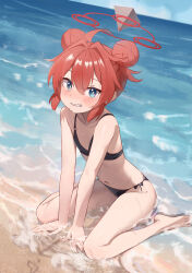 Rule 34 | 1girl, absurdres, ahoge, alternate costume, arms between legs, bare arms, bare legs, barefoot, beach, bikini, black bikini, blue archive, blue eyes, blue sky, blush, bright pupils, collarbone, commentary, double bun, feet, flat chest, grin, hair bun, halo, highres, hirotaka0125, leaning forward, looking at viewer, maki (blue archive), o-ring, o-ring top, ocean, outdoors, sand, side-tie bikini bottom, sitting, sky, smile, solo, sweatdrop, swimsuit, teeth, thighs, toes, wariza, water, wavy mouth, white pupils
