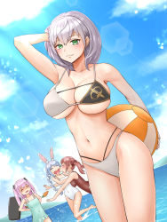 Rule 34 | animal ears, ball, beachball, bikini, blue hair, blue sky, braid, breasts, carrot, closed eyes, cloud, constricted pupils, covered navel, dutch angle, flat chest, green eyes, highres, hololive, houshou marine, impossible clothes, impossible swimsuit, large breasts, lens flare, mallet, multicolored bikini, multicolored clothes, navel, ocean, one-piece swimsuit, open mouth, puckered lips, rabbit ears, rabbit girl, red hair, shirogane noel, shirogane noel (summer 2020), sky, small breasts, sunlight, swimsuit, twin braids, twintails, two side up, uruha rushia, usada pekora, virtual youtuber, wading, white bikini, white hair, white one-piece swimsuit, yoshimi takeuchiriki, yuri