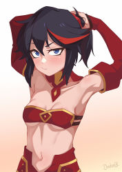 Rule 34 | 1girl, black hair, blue eyes, breasts, cosplay, darahan, detached sleeves, eyebrows, fate/apocrypha, fate (series), gradient background, kill la kill, matoi ryuuko, mordred (fate), mordred (fate) (cosplay), mordred (fate/apocrypha), navel, neckwear request, pout, red hair, red neckwear, short hair, sidelocks, small breasts, solo, white background