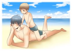 Rule 34 | 2boys, 380, age difference, bad id, bad pixiv id, beach, blue eyes, blue hair, blue jammers, blue male swimwear, brown eyes, brown hair, day, full body, jammers, male focus, male swimwear, multiple boys, onii-shota, original, swimsuit