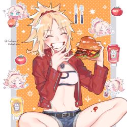 Rule 34 | 1girl, blonde hair, blush, breasts, burger, commentary request, cutlery, fate (series), food, food on face, fork, green eyes, grin, hair ornament, hair scrunchie, holding, holding food, jacket, ketchup, knife, long hair, long sleeves, medium breasts, mordred (fate), mordred (fate/apocrypha), mordred (memories at trifas) (fate), mustard, navel, open clothes, open jacket, ponytail, red scrunchie, sara (kurome1127), scrunchie, short shorts, shorts, sitting, smile, solo, spiked hair, tomato, twitter username