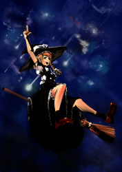 Rule 34 | 1girl, bad id, bad pixiv id, blonde hair, braid, broom, broom riding, female focus, hat, kirisame marisa, miatsushi, pointing, shooting star, sky, socks, solo, star (sky), starry sky, touhou, witch, witch hat