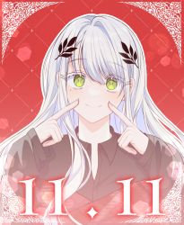 Rule 34 | 1girl, bad id, bad pixiv id, black shirt, blush, closed mouth, collared shirt, commentary, dated, dress shirt, green eyes, long hair, looking at viewer, mamel 27, original, red background, shirt, single hair intake, smile, solo, upper body, white hair