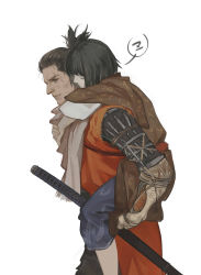 Rule 34 | 2boys, black hair, blue pants, brown kimono, carrying, closed eyes, coat, commentary request, facial hair, foot out of frame, from side, grey hair, grey scarf, highres, japanese clothes, katana, kimono, kuro the divine heir, layered sleeves, long sleeves, male focus, multicolored hair, multiple boys, orange coat, pants, piggyback, print kimono, prosthesis, prosthetic arm, scarf, sekiro, sekiro: shadows die twice, sheath, sheathed, short hair, simple background, sleeping, streaked hair, sword, topknot, torn clothes, torn coat, vetania, weapon, white background, yaoi