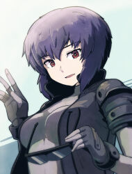 1girl bodysuit breasts fingerless_gloves ghost_in_the_shell gloves kusanagi_motoko looking_at_viewer medium_breasts purple_hair red_eyes short_hair shuuzen_(shu-zen) solo upper_body