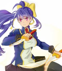 Rule 34 | 1girl, antenna hair, black thighhighs, blazblue, blazblue remix heart, blue hair, bow, breasts, dagger, dual wielding, female focus, frown, genderswap, genderswap (mtf), hair bow, holding, knife, large breasts, long hair, looking to the side, mai natsume, ponytail, red eyes, ribbon, school uniform, skirt, solo, sword, thighhighs, weapon, yellow bow, zettai ryouiki
