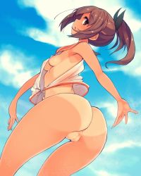 Rule 34 | 10s, 1girl, anus, ass, bottomless, breasts, brown eyes, brown hair, fat mons, gradient background, i-401 (kancolle), kantai collection, landolt tamaki, no bra, ponytail, pussy, school uniform, serafuku, sideboob, small breasts, solo, tan, tanline, uncensored