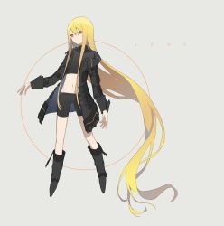 Rule 34 | 1girl, absurdly long hair, asteroid ill, bad id, bad twitter id, bike shorts, blonde hair, boots, english text, expressionless, floating, full body, grey background, highres, iris (asteroid ill), jacket, long hair, navel, neon trim, original, red eyes, simple background, solo, very long hair