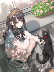 Rule 34 | 1girl, :o, absurdres, black cat, black hair, blush, brown hairband, cat, commentary request, cropped jacket, hairband, highres, idolmaster, idolmaster shiny colors, kazano hiori, long skirt, looking at viewer, macha0331, mole, mole under mouth, outdoors, patting, pink skirt, plant, potted plant, purple eyes, shirt, skirt, solo, squatting, white shirt
