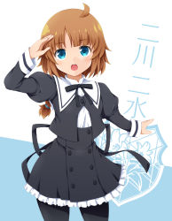 Rule 34 | 1girl, :o, ahoge, arm up, assault lily, black pantyhose, black ribbon, blue background, blue eyes, blunt bangs, braid, braided ponytail, brown hair, buttons, character name, commentary request, cropped jacket, emblem, frilled skirt, frills, fukaiton, futagawa fumi, hand up, high-waist skirt, highres, juliet sleeves, light blush, long hair, long sleeves, looking at viewer, low ponytail, miniskirt, neck ribbon, open mouth, outstretched arm, pantyhose, puffy sleeves, ribbon, school uniform, shading eyes, shirt, single braid, skirt, solo, standing, teeth, translated, two-tone background, upper teeth only, white background, white shirt, yurigaoka girls academy school uniform