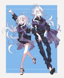 Rule 34 | 1boy, 1girl, ahoge, black pants, closed eyes, fate/grand order, fate (series), flower, grabbing another&#039;s arm, hand on own hip, high heels, highres, kujiramaru, long hair, merlin (camelot &amp; co) (fate), merlin (fate), merlin (fate/prototype), one eye closed, open mouth, pants, pink eyes, scarf, shorts, simple background, te (tenmoom), toeless footwear, white hair