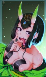 Rule 34 | 1girl, asui tsuyu, bare shoulders, black eyes, black gloves, black hair, bob cut, boku no hero academia, border, breast rest, breasts, bridal gauntlets, cleavage, collarbone, colored skin, commentary, english commentary, eyeshadow, fangs, fate/grand order, fate (series), fireflies, forehead jewel, fusion, gloves, green background, green border, green eyeshadow, green kimono, green skin, half-closed eyes, headpiece, highres, horns, impossible clothes, japanese clothes, kimono, long tongue, makeup, medium breasts, multicolored skin, obi, off shoulder, oni, open clothes, open kimono, pink skin, randomboobguy, revealing clothes, sash, short eyebrows, short hair, shuten douji (fate), skin-covered horns, solo, tongue, tongue out, two-tone skin, voice actor connection, yuuki aoi