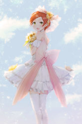 Rule 34 | 10s, 1girl, bad id, bad pixiv id, bouquet, bow, dress, flower, frilled dress, frills, hoshizora rin, ivioss, looking at viewer, looking back, love live!, love live! school idol project, love wing bell, orange hair, short hair, smile, solo, thighhighs, yellow eyes, zettai ryouiki