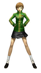 Rule 34 | 1girl, atlus, brown eyes, brown hair, female focus, full body, hands on own hips, highres, houndstooth, houndstooth skirt, jacket, lapel pin, official art, persona, persona 4, pin, satonaka chie, short hair, skirt, smile, smiley face, socks, soejima shigenori, solo, track jacket, zipper