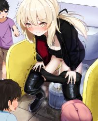 Rule 34 | 1girl, absurdres, artoria pendragon (all), artoria pendragon (fate), blonde hair, blush, boots, breasts, cleavage, embarrassed, fate/grand order, fate (series), female pubic hair, highres, jewelry, looking at pussy, michinoku (michino934), multiple boys, necklace, panties, panty pull, peeing, pubic hair, puddle, saber alter, standing, tears, thigh boots, thighhighs, toilet, toilet use, underwear, watching, yellow eyes