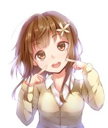Rule 34 | 1girl, :d, bad id, bad nicoseiga id, brown eyes, brown hair, dabadhi, finger to face, hair ornament, highres, long hair, open mouth, original, smile, solo, upper body, white background