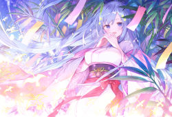 Rule 34 | 1girl, bamboo, blue eyes, blue hair, breasts, eyebrows, ibara riato, interlocked fingers, japanese clothes, kimono, large breasts, long hair, long sleeves, looking at viewer, official art, plant, solo, standing, very long hair, white kimono