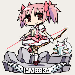 Rule 34 | 10s, 1girl, arrow (projectile), blush stickers, bow, bow (weapon), chan co, chibi, choker, crossed legs, faux figurine, flower, gloves, hair bow, kaname madoka, kyubey, magical girl, mahou shoujo madoka magica, mahou shoujo madoka magica (anime), pink eyes, pink hair, puffy sleeves, rock, shoes, short hair, short twintails, simple background, smile, solo, standing, twintails, weapon, white gloves, wide face