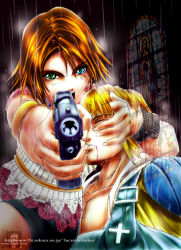 Rule 34 | 00s, 1boy, 1girl, aiming, aiming at viewer, angry, blonde hair, blood, blue eyes, brown hair, closed eyes, final fantasy, final fantasy x, final fantasy x-2, finger on trigger, green eyes, gun, heterochromia, holding, holding gun, holding weapon, lucretia, open clothes, open mouth, open shirt, rain, role reversal, shirt, short hair, square enix, stained glass, tears, tidus, watermark, weapon, web address, yuna, yuna (ff10)