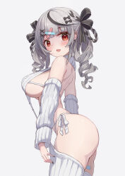 Rule 34 | 1girl, absurdres, ass, back, backless outfit, bare back, bare shoulders, black nails, breasts, detached sleeves, drill hair, garter straps, grey hair, hair ornament, hairclip, highres, hololive, juu p, large breasts, looking at viewer, medium hair, meme attire, nail polish, navel, red eyes, sakamata chloe, sideboob, simple background, smile, solo, stomach, thighhighs, twin drills, underboob, virgin destroyer sweater, virtual youtuber, white background, x hair ornament