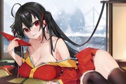 Rule 34 | 1girl, absurdres, ahoge, azur lane, bare shoulders, black hair, black thighhighs, blush, breasts, cleavage, collarbone, hair between eyes, hair ribbon, highres, huge breasts, indoors, japanese clothes, kimono, large breasts, long hair, looking at viewer, lying, off shoulder, on floor, on side, open mouth, red eyes, red kimono, red ribbon, ribbon, smile, solo, striped ribbon, taihou (azur lane), tatami, thighhighs, thighs, twintails, very long hair, yayoichi (yoruyoru108)