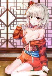 Rule 34 | 1girl, bare legs, bare shoulders, barefoot, blush, breasts, collarbone, copyright request, frown, hanbok, hand up, hat, highres, indoors, korean clothes, long sleeves, looking at viewer, mini hat, no bra, off shoulder, orange eyes, original, parted lips, red hat, revision, sash, short hair, silver hair, sitting, small breasts, solo, sunhyun, thighs, tilted headwear