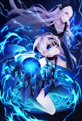Rule 34 | 2girls, bare shoulders, blue eyes, choker, claw (weapon), covering one eye, diabla (elsword), dress, dual persona, elsword, energy, energy ball, hand on own face, highres, horns, long hair, looking at viewer, luciela r. sourcream, magic circle, multiple girls, open mouth, pointy ears, sitting, smile, symbol-shaped pupils, very long hair, wariza, weapon, white hair, zya zya