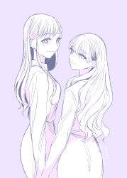 Rule 34 | 2girls, absurdres, blush, closed mouth, commentary request, cowboy shot, dated, highres, holding hands, long hair, long sleeves, multiple girls, one eye closed, original, purple background, shirt, simple background, skirt, smile, twitter username, yuri, yuri kyanon