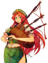 Rule 34 | 1girl, artist name, bagpipes, beret, china dress, chinese clothes, colored pencil (medium), cowboy shot, derivative work, dress, green eyes, green hat, green vest, hat, hong meiling, instrument, long hair, music, playing instrument, puffy short sleeves, puffy sleeves, red hair, shirt, short sleeves, side slit, signature, skirt, skirt set, smile, solo, star (symbol), terrajin, touhou, traditional media, very long hair, vest, white background