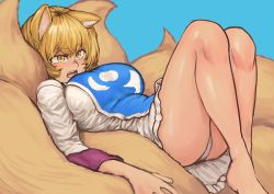 Rule 34 | absurdres, animal ears, ass, bare legs, barefoot, blonde hair, blue background, breasts, chanta (ayatakaoisii), dress, fangs, fox ears, fox tail, from side, highres, knees up, large breasts, looking ahead, lying, multiple tails, on back, open mouth, panties, pantyshot, short hair, simple background, sitting on tail, slit pupils, tail, teeth, thighs, tongue, touhou, unaligned ears, underwear, yakumo ran, yellow eyes