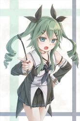 Rule 34 | &gt;:o, 10s, 1girl, :o, alternate hairstyle, anchovy, anchovy (cosplay), anchovy (girls und panzer), aqua eyes, aqua hair, bare shoulders, black ribbon, black skirt, blue eyes, blush, breasts, collar, cosplay, cowboy shot, detached sleeves, drill hair, fang, girls und panzer, green hair, hair between eyes, hair ornament, hair ribbon, hairclip, hand on own hip, hikari niji, holding, kantai collection, leaning forward, long hair, looking at viewer, md5 mismatch, neckerchief, open mouth, parted bangs, pleated skirt, resolution mismatch, ribbon, riding crop, school uniform, serafuku, sidelocks, skirt, sleeveless, solo, source larger, thighs, tongue, twin drills, twintails, v-shaped eyebrows, wide sleeves, yamakaze (kancolle)