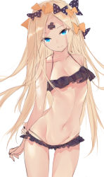 Rule 34 | 1girl, abigail williams (fate), arm behind back, bandaid, bandaid on face, bandaid on forehead, bare shoulders, bikini, black bikini, black bow, blonde hair, blue eyes, blush, bow, breasts, collarbone, crossed bandaids, fate/grand order, fate (series), forehead, hair bow, highres, long hair, looking at viewer, multiple hair bows, nid417, orange bow, parted bangs, polka dot, polka dot bow, small breasts, smile, solo, swimsuit, thighs
