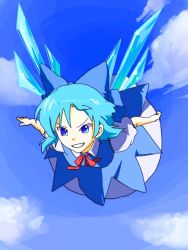 Rule 34 | blue eyes, blue hair, bow, cirno, day, embodiment of scarlet devil, flying, frown, grin, hair bow, makarori, short hair, sky, smile, solo, touhou, wings