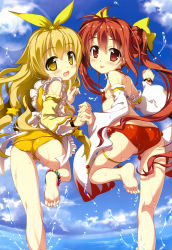 Rule 34 | 10s, 2girls, :p, absurdres, aihara enju, anklet, ass, barefoot, bikini, black bullet, blonde hair, bow, brown hair, cloud, day, detached sleeves, feet, flat chest, fujima takuya, hair bow, holding hands, highres, jewelry, legs, long hair, looking back, multiple girls, non-web source, nyantype, official art, outdoors, red eyes, scan, sky, soles, swimsuit, tenchu gaazu, tenchu red, tina sprout, toes, tongue, tongue out, twintails, very long hair, water, wet, yellow eyes