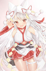 Rule 34 | 1girl, :d, absurdres, azur lane, blush, breasts, claw pose, collar, commentary request, detached sleeves, fang, highres, hood, japanese clothes, kinako12547, large breasts, long hair, looking at viewer, multicolored nails, nail polish, open mouth, red collar, red eyes, red skirt, short eyebrows, silver hair, skirt, smile, solo, thick eyebrows, thigh strap, thighs, very long hair, white sleeves, yuudachi (azur lane), yuudachi (the bride of solomon) (azur lane)